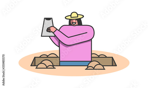Concept Of Archeology Excavation. Archaeologist Woman Researching And Making Excavation Of Ancient Animals Remains. Girl Has Found Important Artifact. Cartoon Linear Outline Flat Vector Illustration