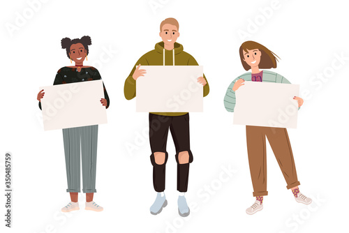 People holding message boards, empty placard with place for text vector flat illustration. Smiling cartoon young people showing clean banner isolated on white background. Teens demonstrating poster.