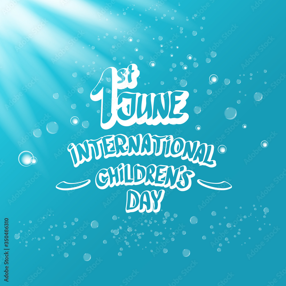 1 june international childrens day icon or label isolated on azure blue sky background with lights and bubbles. happy Children day greeting card. kids day poster. Children day shiny banner