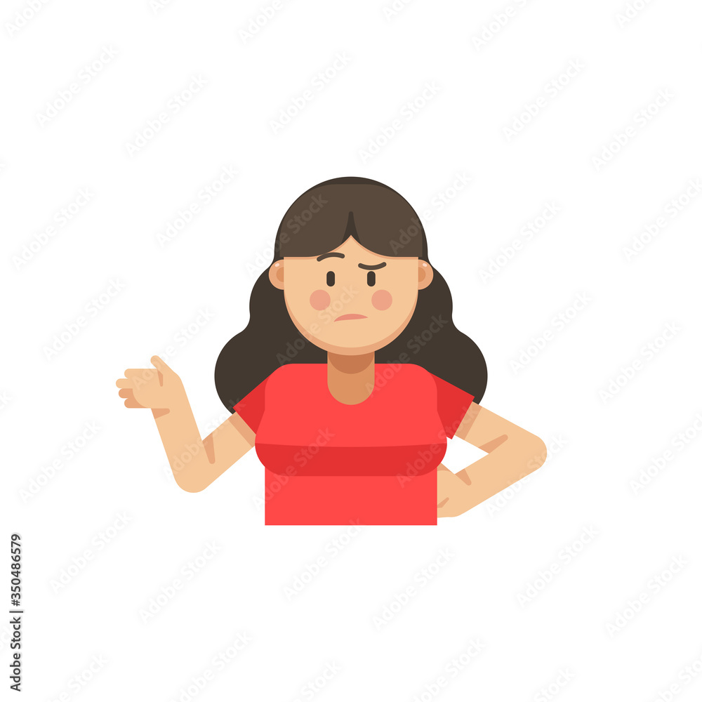 Young woman gesturing, lift her hand with confident face, flat design woman character, vector illustration, isolated on white background Young woman gesturing, lift her hand with confident face, flat design woman character, vector illustration, isolated on white background