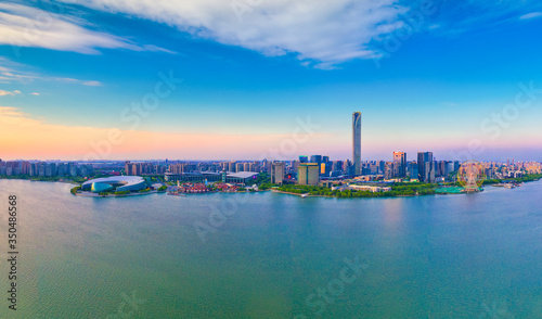 Aerial photography of CBD of Jinji Lake and East Lake in Suzhou City, Jiangsu Province, China