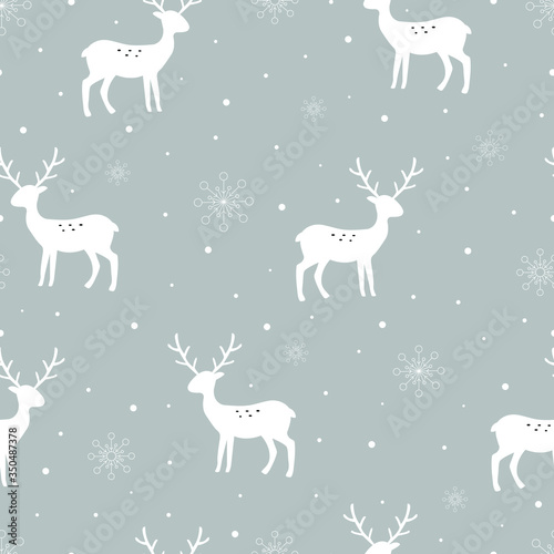 Seamless pattern with deer silhouettes and snowflake on a gray background Design, used for publication, poster, clothing, textile, vector illustration © TEe Du