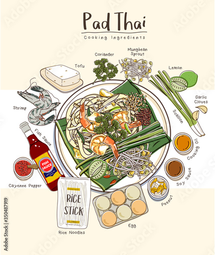 Pad Thai with Rice noodle Ingredients Set. Thailand Cuisine Recipe Illustration.