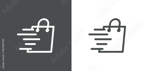 Símbolo de tienda en línea. Icono plano lineal con bolsa de la compra con líneas de velocidad en fondo gris y fondo blanco