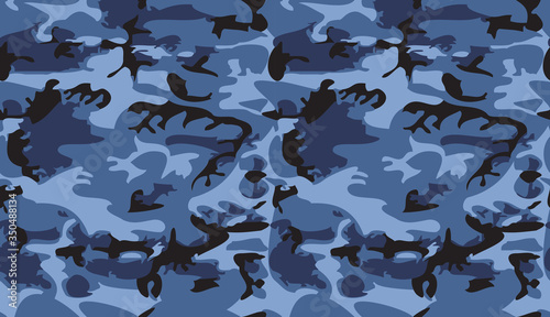 Camouflage pattern background vector. Classic clothing style masking camo repeat print. Virtual background for online conferences, online transmissions. Blue black navy colors marine texture