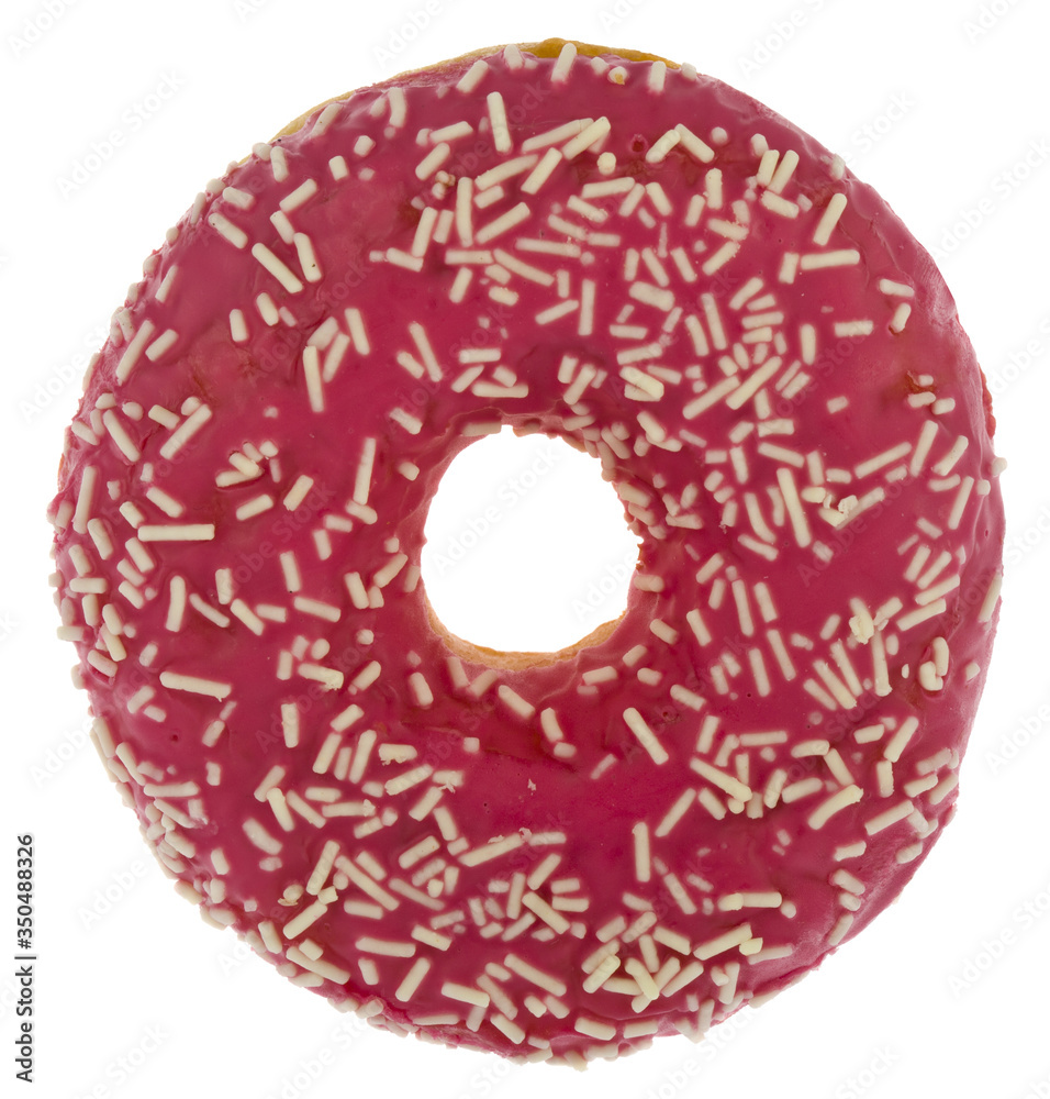 Donut with pink icing isolated on a white background close-up. View from above. Donut with pink icing isolated on a white background close-up. View from above.