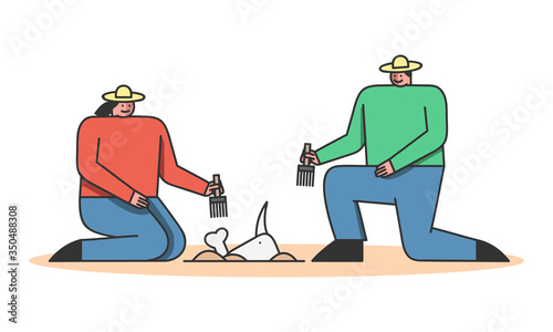 Concept Of Archeology Excavation. Archaeologists Man And Woman Making Excavation Of Ancient Animals Remains. People Exploring Ancient Culture. Cartoon Linear Outline Flat Style. Vector Illustration