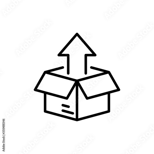 Símbolo entrega de pedido de compra. Icono plano lineal caja de cartón con flecha hacia arriba en color negro