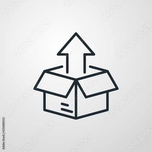 Símbolo entrega de pedido de compra. Icono plano lineal caja de cartón con flecha hacia arriba en fondo gris