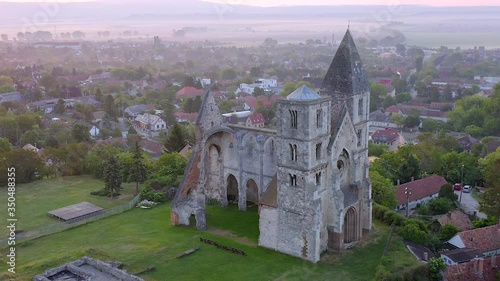 Amazing aerial 4k vedeo about the Premontre Monastery. This is a church ruin in Zsambek city Hungary. Built in 1220-1234.  Roman and gotchic style. Destroyed an big earthquake in 1763.  photo