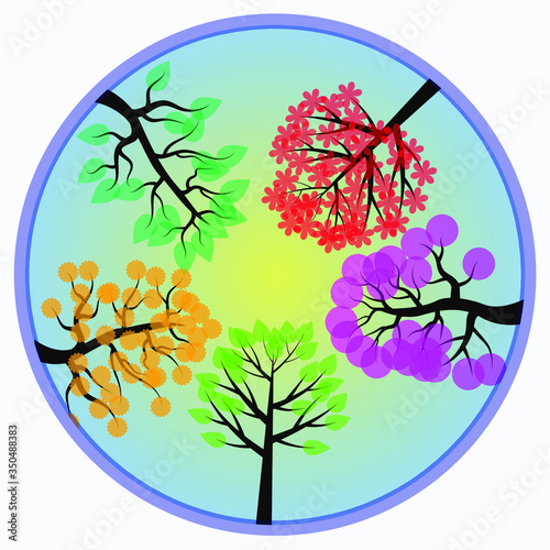 Vector image of blooming trees, sun and cloudless blue sky in a circle