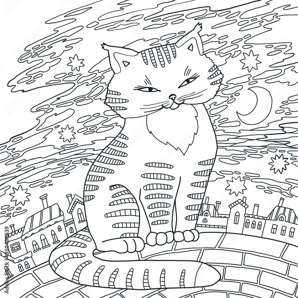 vector pattern cat on roof night sky city houses coloring book page