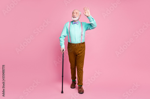 Full size photo of cool grandpa move street with help of walking stick waving arm see friends wear shirt suspenders bow tie trousers shoes socks isolated pink pastel background © deagreez
