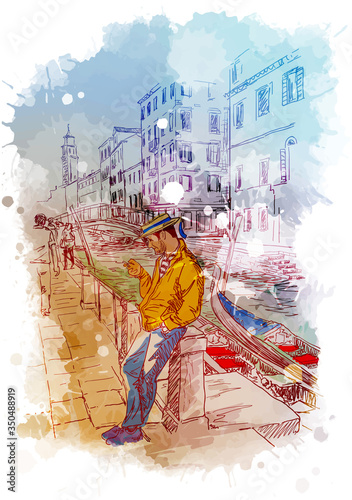 Street scene with Gondolier in Veniece, Italy. Vintage design. Linear sketch on a watercolor textured background. EPS10 vector illustration