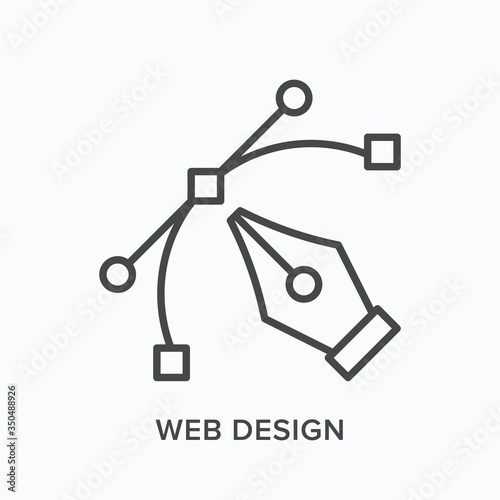 Web design flat line icon. Vector outline illustration of pen tool with pencil and curve path. Graphic designer workshop thin linear pictogram