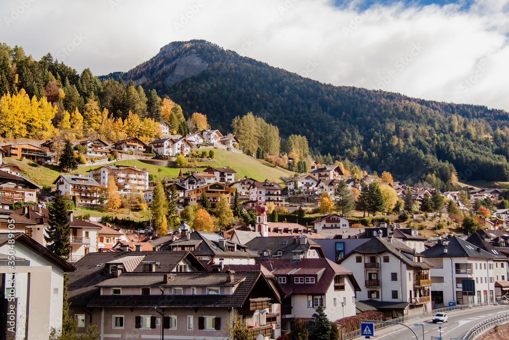 Scenic view on the town Ortisei. Dolomites Val Gardena, South Tyrol, Italy
