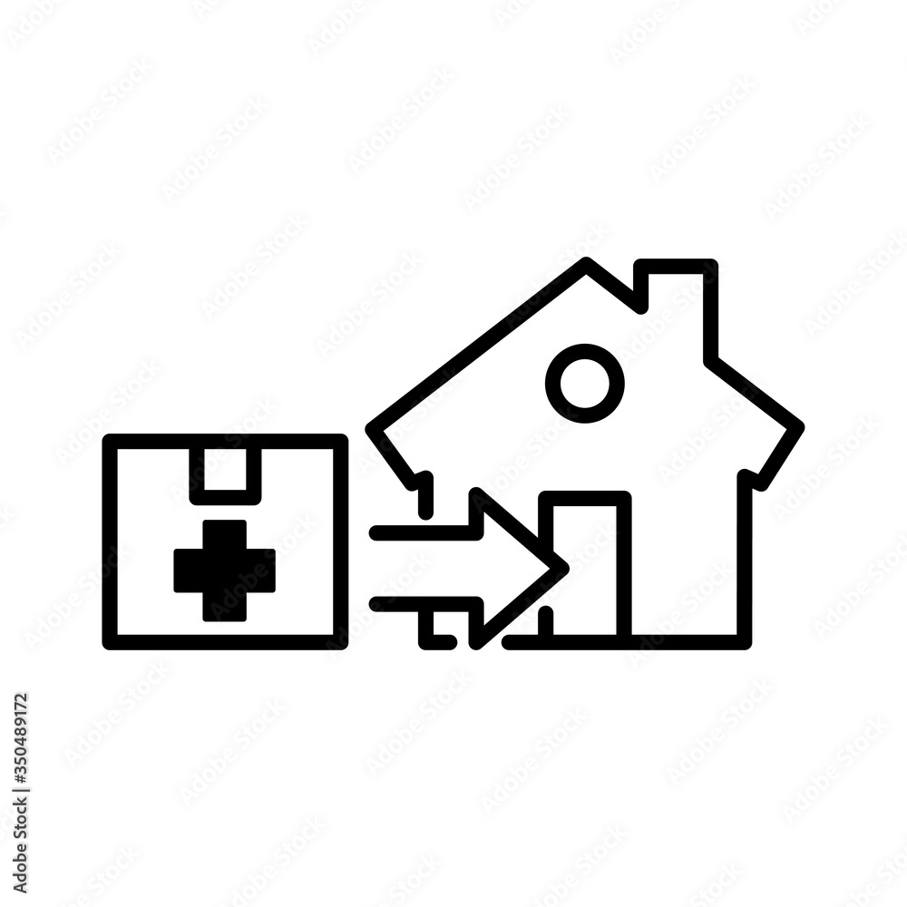 Símbolo entrega de material sanitario. Icono plano lineal caja de cartón con cruz con flecha y casa en color negro Símbolo entrega de material sanitario. Icono plano lineal caja de cartón con cruz con flecha y casa en color negro