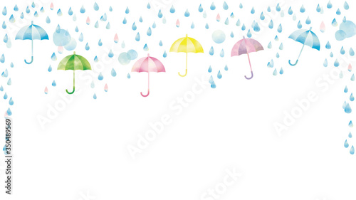 水彩風 傘と雨のカラフルフレーム