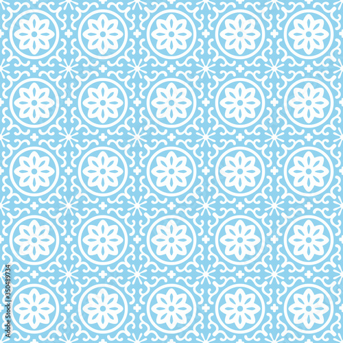 Japanese Blue Circle Flower Vector Seamless Pattern