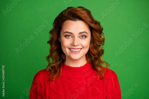 Portrait of lovely attractive woman look good enjoy fall winter holiday free time wear stylish pullover isolated over vibrant color background