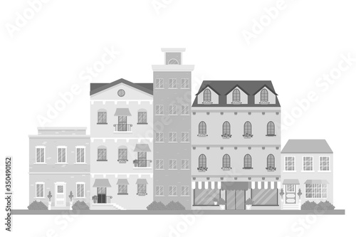 Street buildings in grey colours in vector design. Graphic detailed Illustration, panorama view. Elegant buildings, cityscape. Can be used as banner, poster, print. Flat creative decor