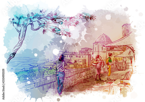 Street panorama in San Gimignano, Italy. Vintage design. Linear sketch on a watercolor textured background. EPS10 vector illustration