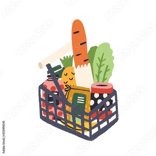 Supermarket basket full of fresh tasty products vector flat illustration. Shopping grocery basketful with bread, fruit, vegetable and cans isolated on white background. Colorful hand drawn purchase
