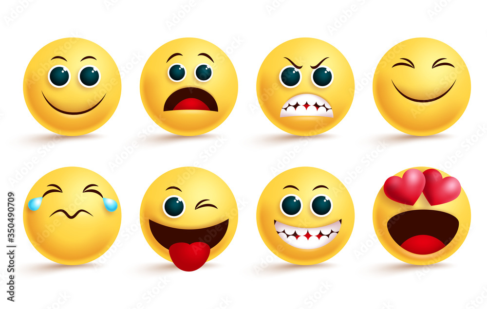 Smiley emoji vector set. Emoji smileys yellow face and emoticon with in love, angry, happy, and naughty cute facial expressions isolated for design element. Vector illustration.   
