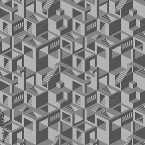 Seamless pattern with stairs, balconies and windows making an optical illusion.