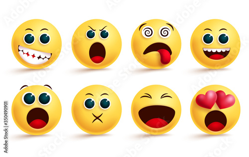 Smileys emoji with love hearts vector set. Smiley emojis and valentine heart emoticon with in love, broken, angry, and surprise facial expressions isolated in white background. Vector illustration.
