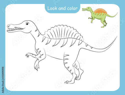 Coloring page outline of dinosaur with colored example.