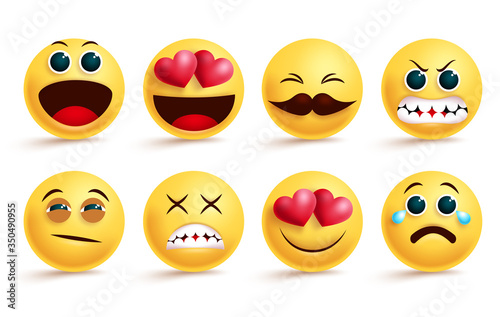 Smileys emoji vector set. Smiley yellow face emojis and emoticons with different facial expressions like sleepy, angry, crying and in love isolated in white background. Vector illustration.