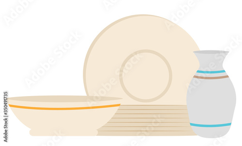 Plate and bowl with jug, equipment sale, crockery tableware. Kitchenware in white color, shopping empty restaurant utensil, crockery promotion vector