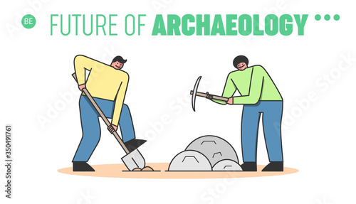 Concept Of Archeology Excavation. Website Landing Page. Archaeologists Men With Tools Making Excavation Of Ancient Remains Among Stones. Web Page Cartoon Linear Outline Flat Style Vector Illustration