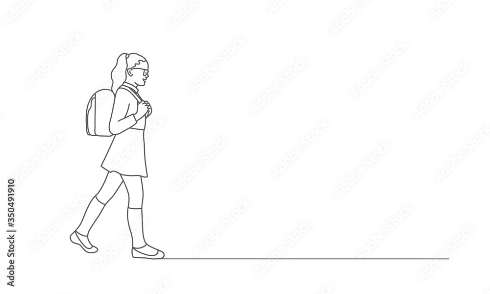 Girl with Backpack Goes to School. Line drawing vector illustration.
