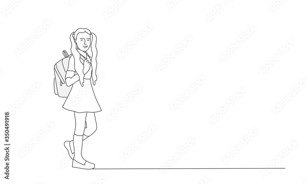 Happy Girl with Backpack. Line drawing vector illustration.