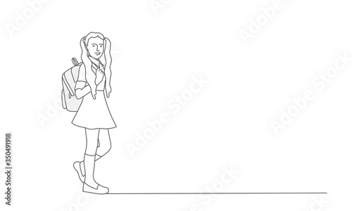 Happy Girl with Backpack. Line drawing vector illustration.