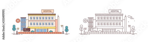 Colorful and monochrome hospital building in modern lineart style. Clinic architecture drawn with contour lines isolated on white background. Medical center construction vector flat illustration