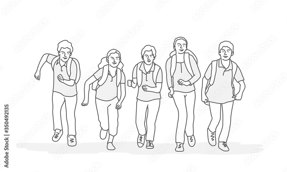 Pupils with Backpack Running to School. Line drawing vector illustration. Pupils with Backpack Running to School. Line drawing vector illustration.