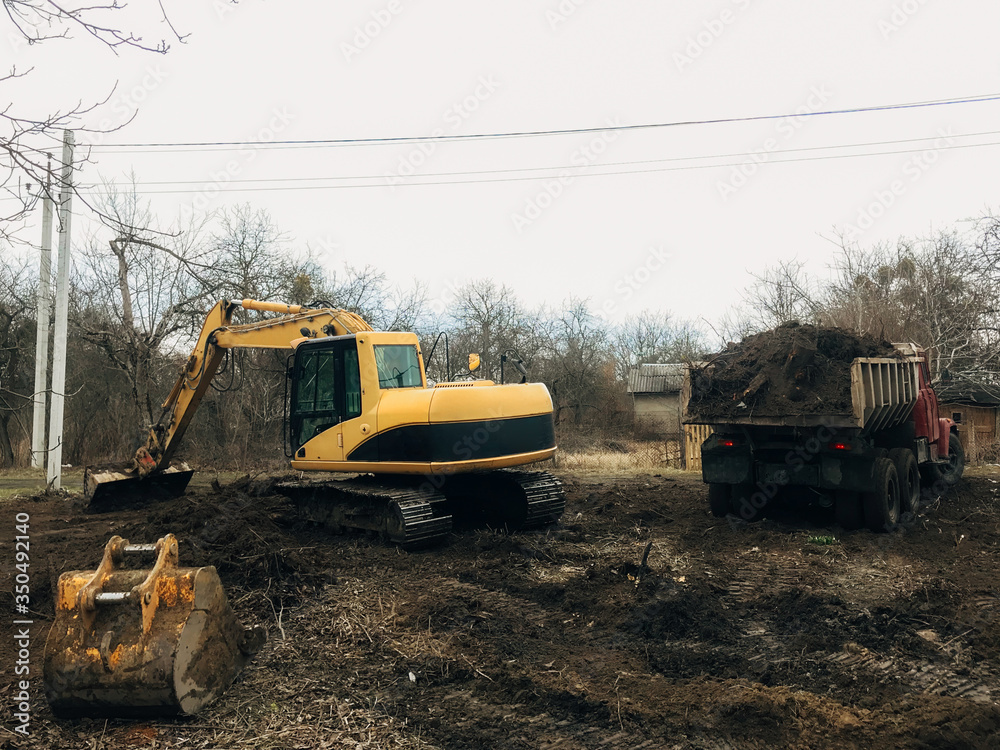 Excavator uprooting trees on land in countryside. Bulldozer clearing land from old trees, roots and branches with dirt and trash. Backhoe machinery. Yard work