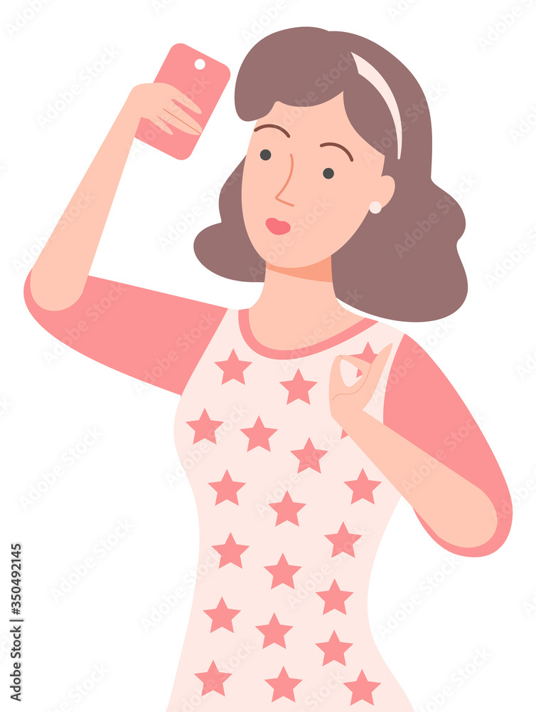 Female character vector, isolated woman holding phone in hand, gesturing and taking selfie. Smartphone modern camera photo of stylish lady flat style Female character vector, isolated woman holding phone in hand, gesturing and taking selfie. Smartphone modern camera photo of stylish lady flat style