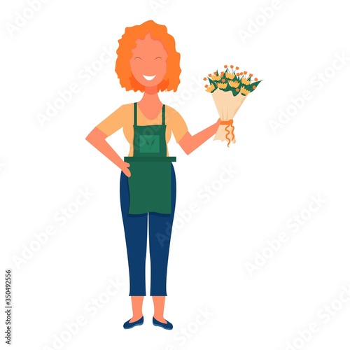 Attractive woman standing and holding bouquet of flowers in hands. Florist, flower shop service concept stock vector illustration isolated on white background.
