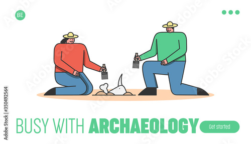 Concept Of Archeology Excavation. Website Landing Page. Archaeologists Man And Woman Making An Excavation Of Ancient Animals Remains. Web Page Cartoon Linear Outline Flat Style. Vector Illustration