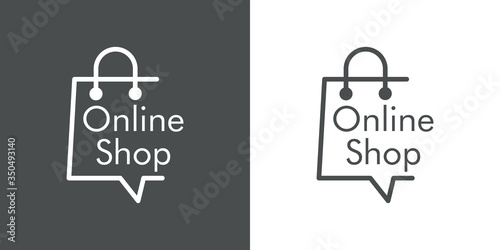 Símbolo de tienda en línea. Icono plano lineal con texto Online Shop en bolsa de la compra en fondo gris y fondo blanco
