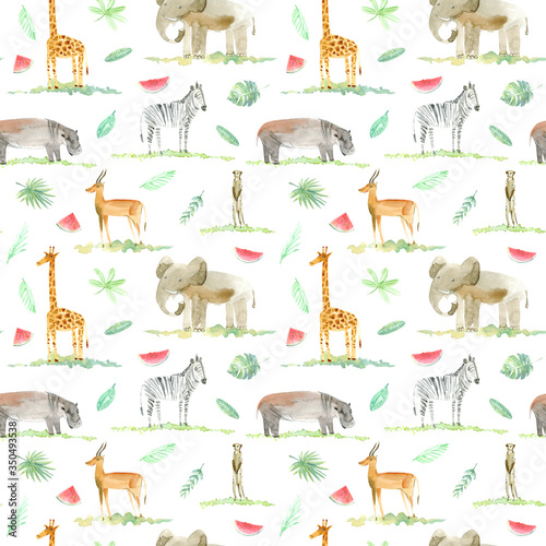 Seamless pattern of a yellow giraffe, zebra, elephant,gazelle,ostrich,hippopotamus,meerkat,watermelon and foliage.Watercolor hand drawn illustration.White background.African animals.	 photo