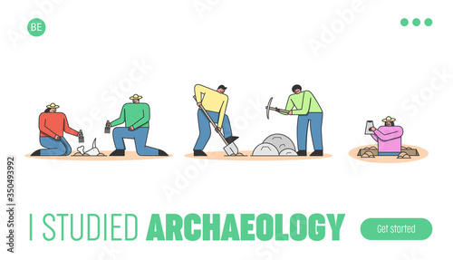 Archeology Excavation Concept. Website Landing Page. Group Of Archaeologists Making Excavation Of Ancient Remains in Antique Ruins. Web Page Cartoon Linear Outline Flat Style. Vector Illustration