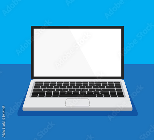 Open laptop front view with white display . Empty or blank display screen. Computer mock up isolated on blue background. Equipment for office. Vector illustration.	