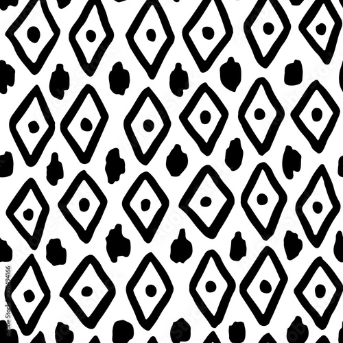 black-white seamless pattern with hand-drawn rhombuses