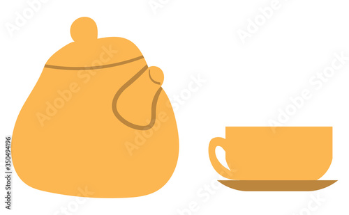 Tea kettle and cup on saucer isolated kitchenware crockery. Vector porcelain teapot and mug of coffee, tea-ceremony symbols, morning drink flat style