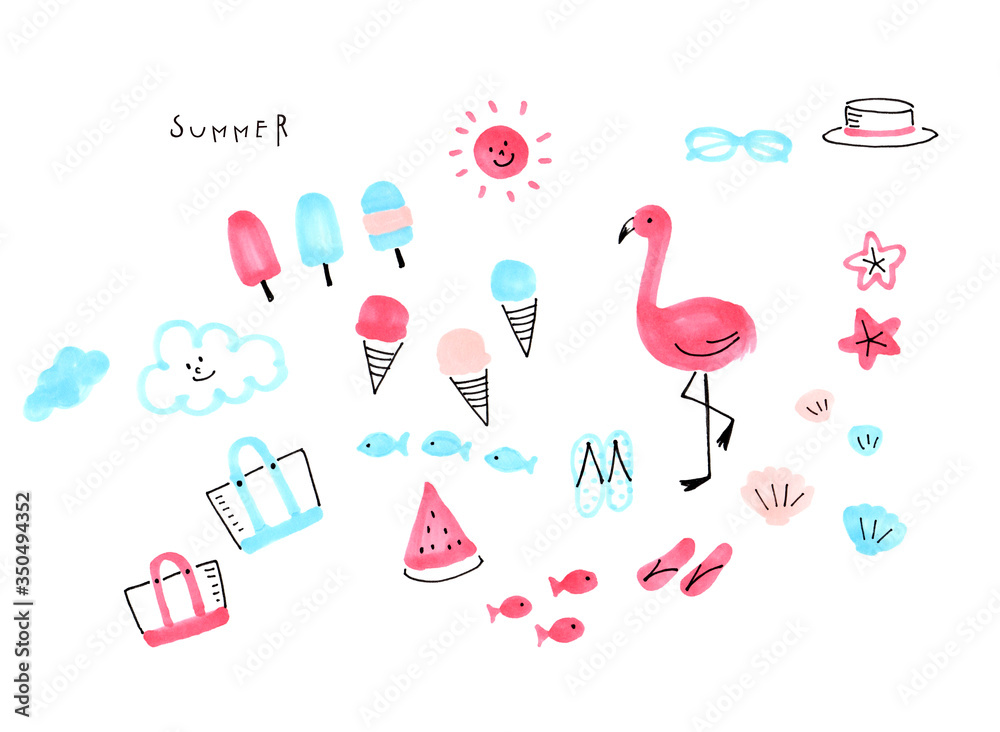 かわいい ほっこり イラスト素材 夏の手書きイラスト アイスクリーム フラミンゴ スイカ 海 イラストセット ほのぼの のんびり リラックス 夏休み バケーション 夏 季節 海 外 ビーチ 白背景 素材 イラストセット 絵本 グラフィック素材 Stock Illustration Adobe Stock